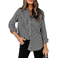 siliteelon Womens Button Down Shirts Cotton Striped Dress Shirt Long Sleeve Collared Office Work Blouses Tops