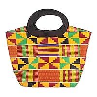 NOVICA Handmade Cotton Handle Handbag Multicolored Kente Cloth with Ebony Wood Printed Ghana 'Festive Kente Spirit'
