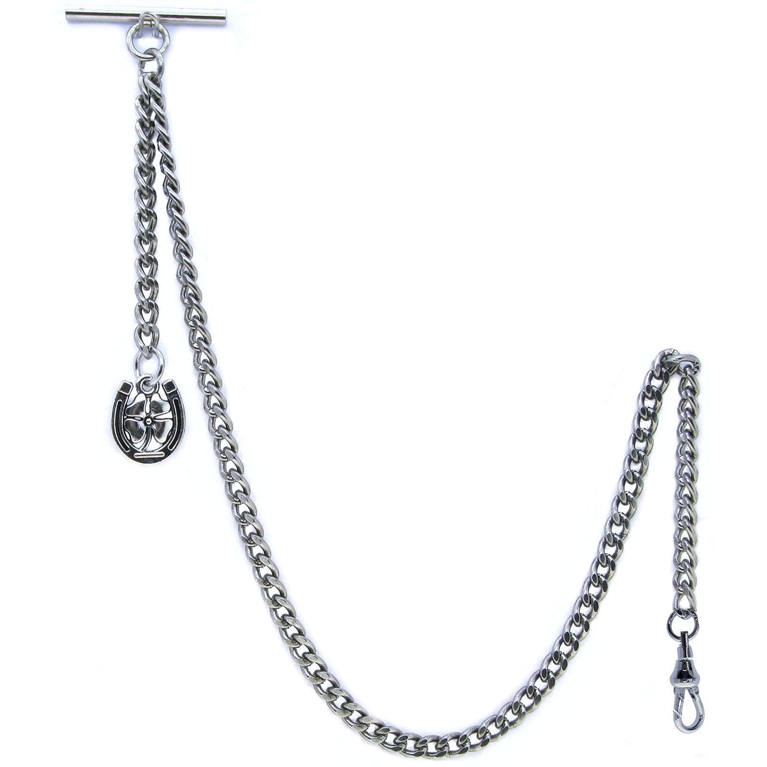 Albert Chain Silver Color Pocket Watch Chains for Men with Lucky Four-Leaf Clover Design Fob T Bar AC69