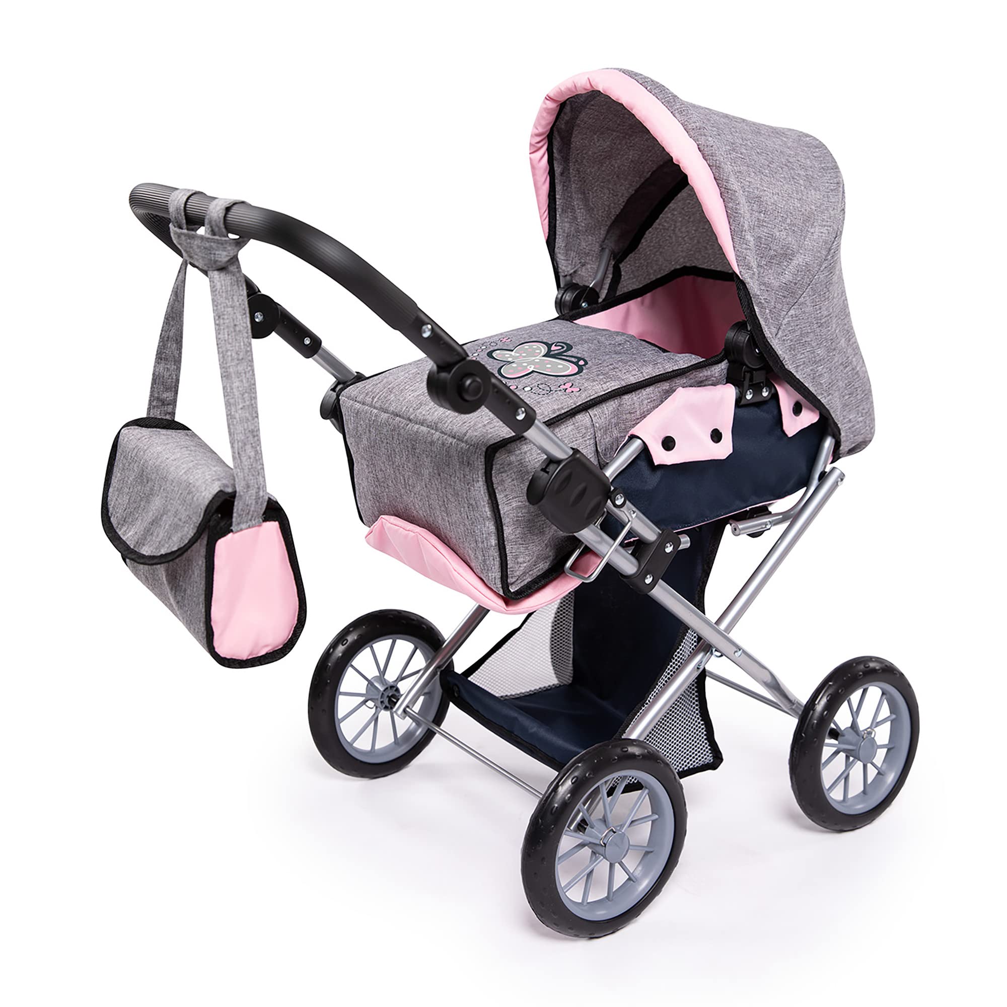 Bayer Design Dolls: Pram City Star - Grey, Pink, Butterfly - Matching Handbag, Convertible to A Pushchair, Adjustable Handle, Foldable, Integrated Basket, Ages 3+