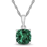 Solid 10k White Gold 7mm Cushion-Cut Center Stone Pendant Necklace