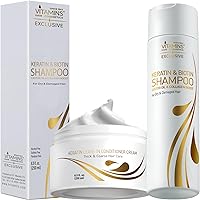 Vitamins Keratin Shampoo and Thick Hair Leave-In Conditioner Kit - Renewing Cleanser for Luminous Blowout Look and No Rinse Conditioning Moisturizer For Dry Damaged Thick Hair - Pro Salon Hair Care
