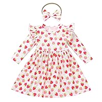 IMEKIS Toddler Baby Girls Birthday Dress with Headband Strawberry Cow Fall Winter Ruffle Long Sleeve Cake Smash Outfit