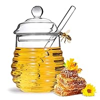 Honey Jar with Dipper and Lid,Glass Honey Pot Container Dispenser,Clear Glass Honey Container for Home Kitchen,Store Honey and Syrup,Easy to Clean