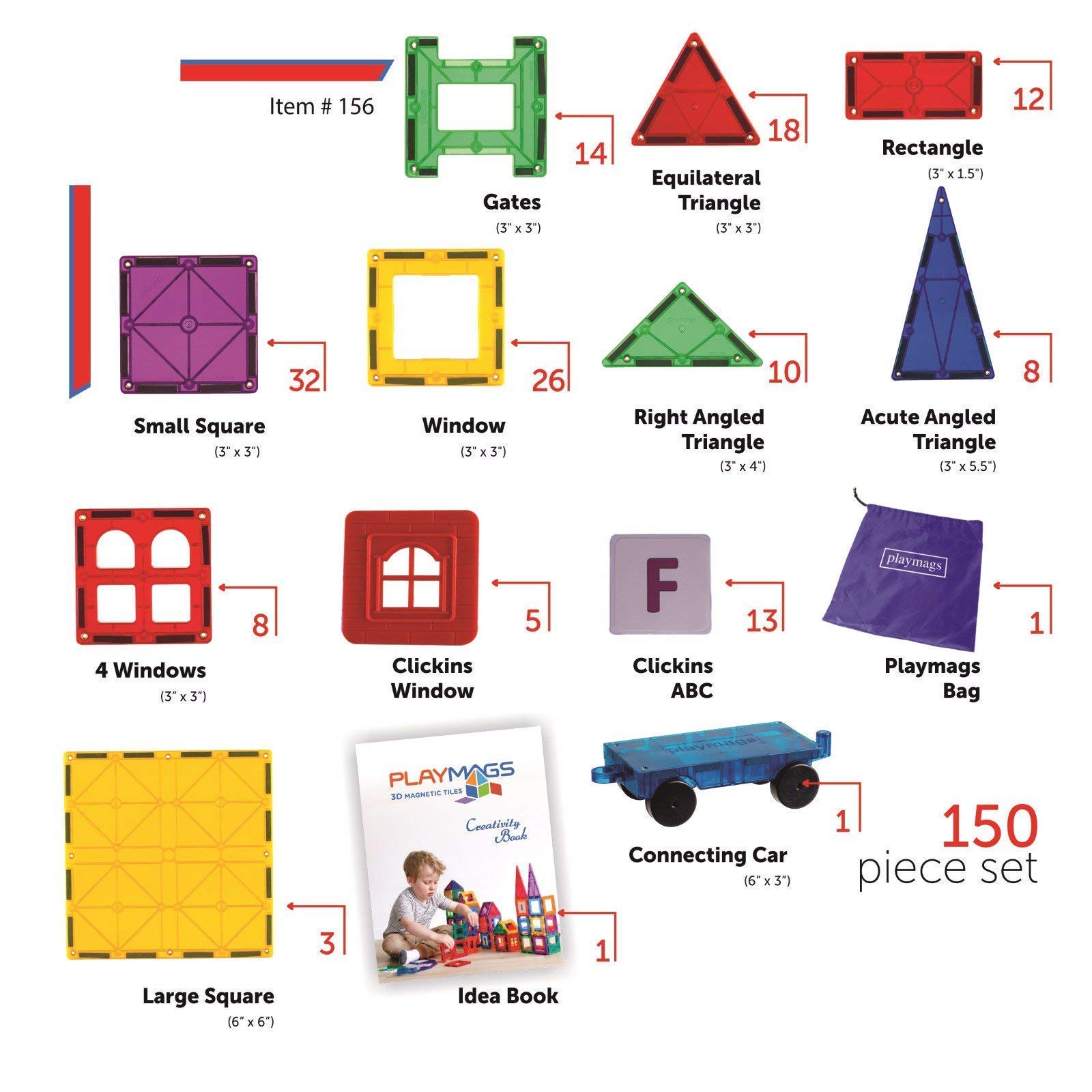 Playmags 150-Piece Magnetic Tiles Building Set – 3D Magnet Building Blocks, Creative Imagination, Inspirational, Educational STEM Toys for Kids with 1 Car