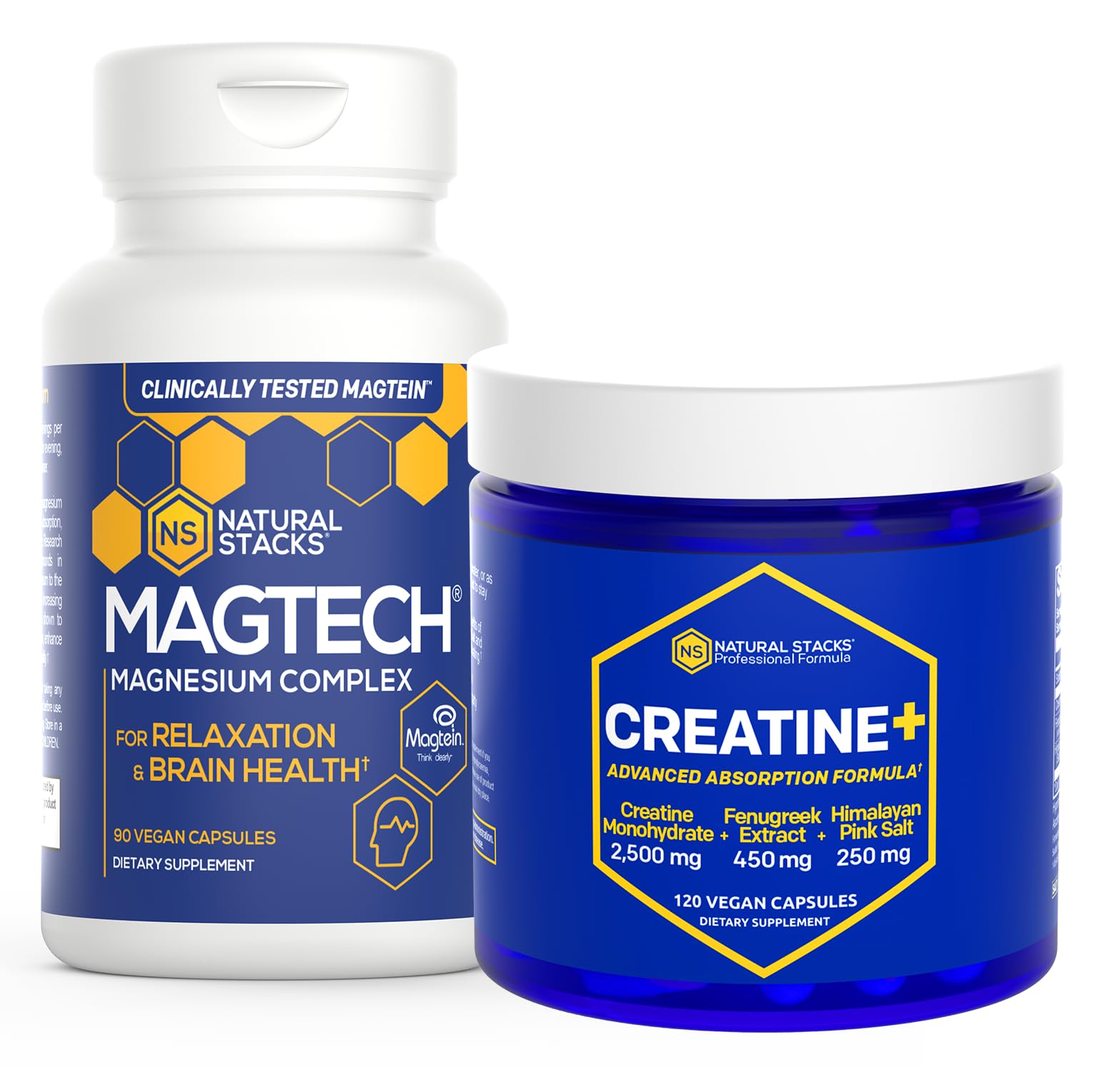 NATURAL STACKS MagTech Magnesium & Creatine Monohydrate Bundle - Chelated Magnesium Complex - Creatine Capsules for Strength and Brain Health - 210 Capsules