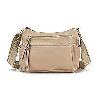 AOSSTA Cross Body Bag Women Leather Shoulder Bags Multi Zip Pocket With Wide Canvas Strap
