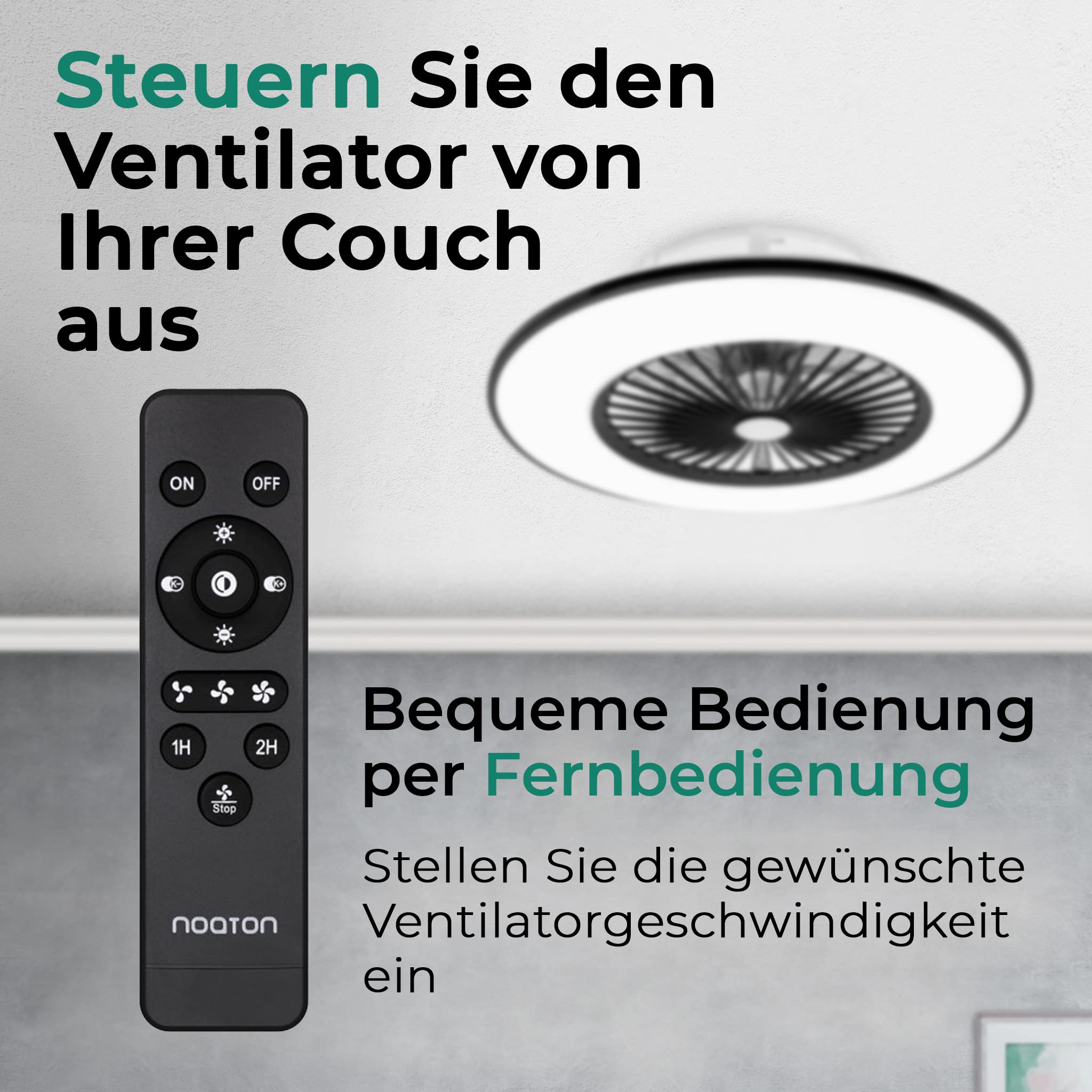 Noaton Deckenventilator mit Beleuchtung 11056BR Vega, LED Dimmbar max 40 W, 3 Farbtemperaturen, Fernbedienung, Timer, Luftdurchsatz bis zu 45 m3/min, für Wohnzimmer Ø56cm Schwarz, mit Lautsprecher