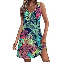 Hawaiian Dresses for Women 2024 Trendy Boho Beach Vacation Dress Cute Floral V Neck Sleeveless Mini Tank Sundress