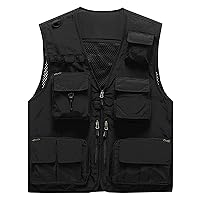 Flygo Men's Casual Lightweight Outdoor Fishing Work Safari Travel Photo Cargo Vest Jacket Multi Pockets(XX-Large, Black)
