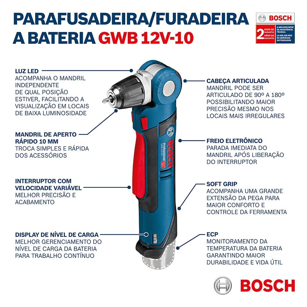 Bosch Professional 12V System Akku Winkelbohrmaschine GWB 12V-10 (ohne Akkus und Ladegerät, in L-Boxx) GWB 12V-10 Professional blau/schwarz/rot
