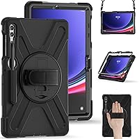 Case for Samsung Galaxy Tab S9 Plus 12.4 inch 2023 (SM-X810/X816B/X818U), Heavy Duty Rugged Protective Cover with 360° Rotating Kickstand & Hand Strap, Shoulder Strap,Black