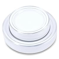 60-Piece Plastic Plates Set Premium 30 Dinner Plates & 30 Salad Plates Pack, Disposable Plates for Party - White Plastic Wedding Plates with Silver Rim