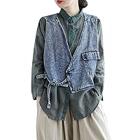 Flygo Women's Vintage Crop Irregular Wrap Denim Vest Sleeveless Jacket with Flap Pocket