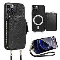 ZVE iPhone 13 Pro Max Crossbody Wallet Case Magsafe, Phone Case with RFID Bolcking Card Holder Wrist Strap for Women, Zipper Leather Purse Cover for iPhone 13 Pro Max, 6.7