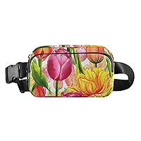 Watercolor Flower Tulip Fanny Packs for Women Men Everywhere Belt Bag Fanny Pack Crossbody Bags for Women Fashion Waist Packs with Adjustable Strap Belt Purse for Travel Sports Shopping Hiking