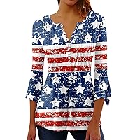 Block Tunic Tops for Women,Independence Day Crewneck Casual Blouse Buttons Pleated 3/4 Beach Hawaiian Shirt