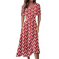 V Neck Short Sleeve Dresses for Women Casual Oversized Flowy Hem Midi Dress Elegant Floral Print Stretchy Sun Dresses