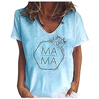 Women Ma Ma Tops Mama Letter V Neck Flower Print Tee Shirts Summer Casual Loose Fit Short Sleeve Basic Blouses
