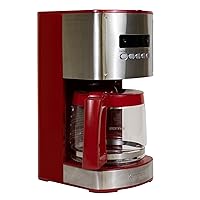 Kenmore Coffee Maker 12 cup Drip Coffee Machine Programmable Aroma Control Glass Carafe Reusable Filter Timer Digital Display Charcoal Water Filter Regular Bold Stainless Steel and Red