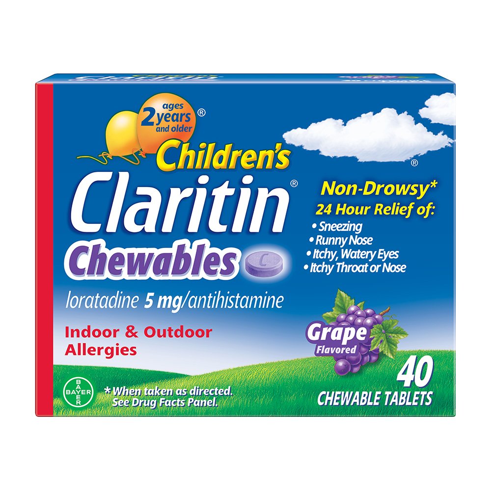 Children's Claritin Chewables 24 Hour Allergy Relief, Non Drowsy Kids Allergy Medicine, Grape Antihistamine Chewable Tablets, For Children 2 Years and Older, 40 Count