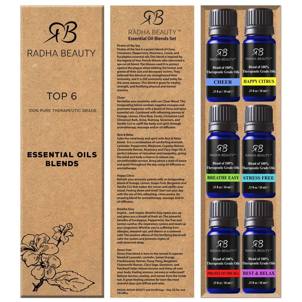 Radha Essential Oil Blends Set - 100% Pure and Natural Kit for Aromatherapy Sea of Thieves, Stress Free, Rest & Relax, Breathe Easy, Cheer, Happy Citrus, great Gift - 6/10 ml