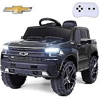 Licensed Chevrolet Silverado 12V Kids Ride On Truck Car with Remote Control, LED Lights, MP3 Music & Back Storage, Chevy Silverado Trail Boss LT Electric Car Truck for Kids, Black