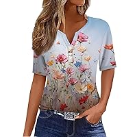 Short Sleeve Tops for Women Shirt Tee Print Button Daily Weekend Basic V- Neck Regular Top