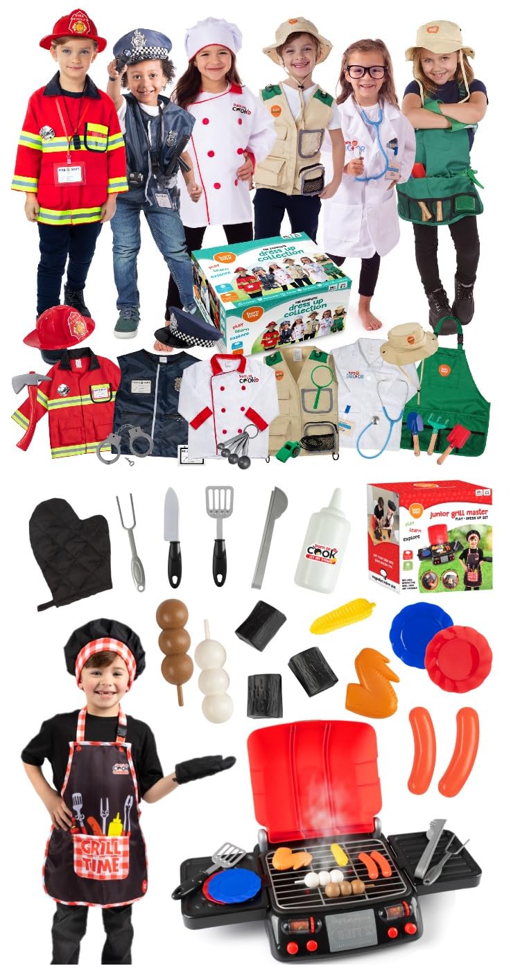 Born Toys Dress Up & Pretend Play Kids Costumes Set Ages 3-7, Washable Kids Dress Up Clothes for Play and Kids Grill Play Set