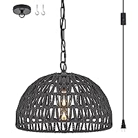 Hand-Woven Rattan Black Plug in Pendant Light with Adjustable Chain Transitional Minimalist Boho Dome Wicker Pendant Hanging Light for Kitchen Island Dining Room Hallway, Dia 13”, UL Listed