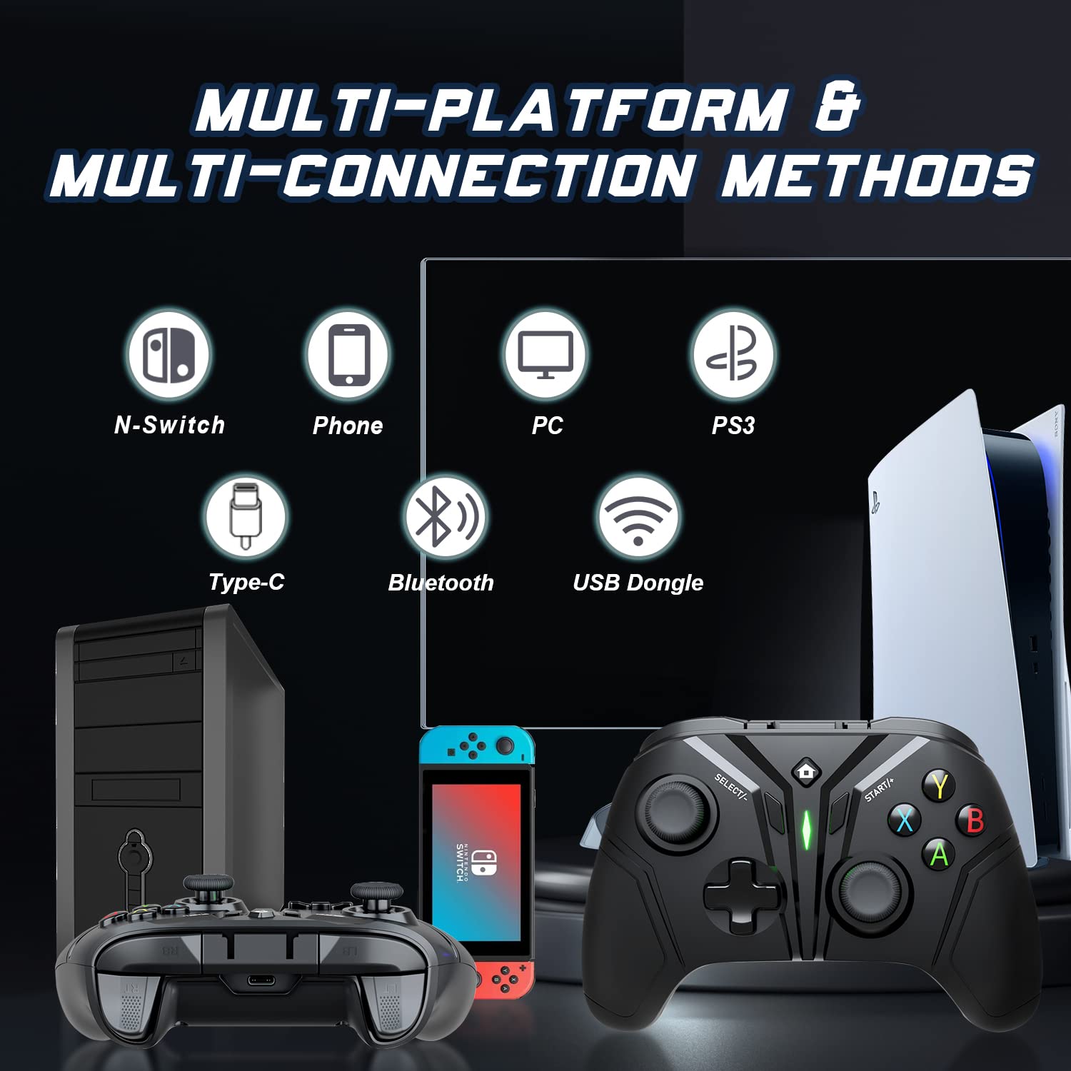 Gamrombo Wireless Pro Controller for Switch/PC/PS3/Android TV, PC Game Controller with Dual Vibration/Gyro Axis, Multi-Platform &Multi-Connections
