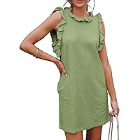 Uincloset Women's Summer Sleeveless Ruffle Sleeve Mini Dress Casual Crew Neck Pocketed Tunic Dresses