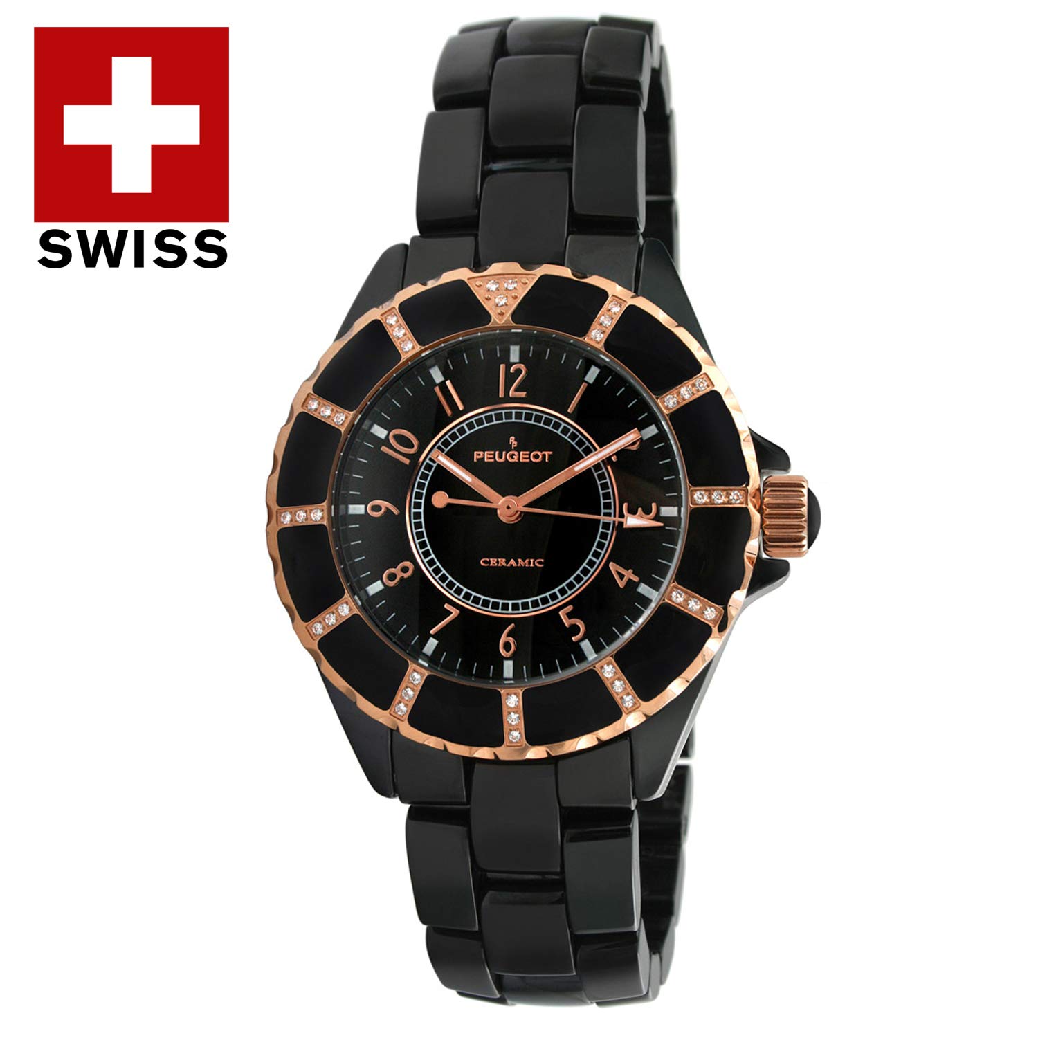 Peugeot Swiss Ladies Black Rose Gold Ceramic Watch PS4893BK