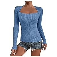 Zewuai Women's Square Neck Long Sleeve Crop Top Slim Fit Ribbed Knit Casual Basic Solid Crop Tee Shirt