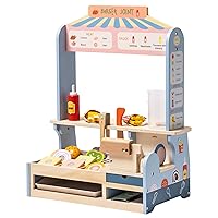 ROBOTIME Wooden Pretend Play Food Set for Kids, Hamburger Set Shop with Sandwich Counter Toys, Play Kitchen Food Toys for Toddlers Ages 3+