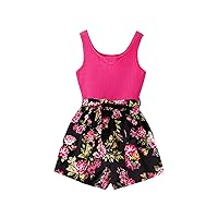 Floerns Girl's Rib Knit Sleeveless Notched Neck Belted Floral Shorts Jumpsuit