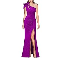 VFSHOW Womens 3D Flower One Shoulder Ruched Prom Formal Wedding Guest Maxi Dress 2023 Sexy Cocktail Split Cutout Evening Gown