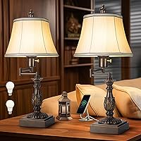 Rustic Traditional 350° Adjustable Swing Arm Table Lamp Set of 2 with USB A+C Ports Brown Finish Cream Shade Vintage Nightstand lamp for Living Room Bedroom Office (LED Bulb Included)