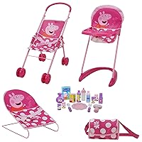 Peppa Pig: 19 Piece Doll Sleep N' Play Set - Pink & White Dots Travel, Feed, Includes Half Folding Stroller, Bouncer, Highchair, Matching Diaper/Handbag, for Kids Ages 3+