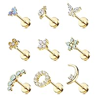 Florideco 9Pcs 16G Cartilage Stud Earring for Women 316L Stainless Steel Screw Flat Back Earrings Butterfly Moon Flower Crawler Helix Tragus Daith Piercing Earrings Cute CZ Opal Cartilage Piercing Jewelry
