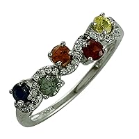 Carillon Stunning Multy Sapphire Round Shape 3MM Natural Earth Mined Gemstone 925 Sterling Silver Ring Wedding Jewelry for Women & Men
