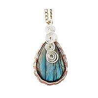 Blue Flash Labradorite Copper Wire Wrapped Pendant Necklace with Silver and brass plated wire creation, Pear shape 58x30mm weight 18gm