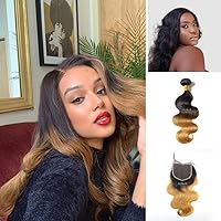 Ombre Closure Human Hair Wig Lace Body Wave Natural Pre Plucked Bleach Knots HD Invisible Scalp 4x4 (16 inch, 1b/27)