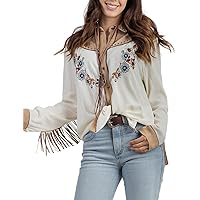 JOHN MOON Women's Embroidered Western Long Sleeve Buttons Down Shirts Collared Retro Casual Blouses Shirts
