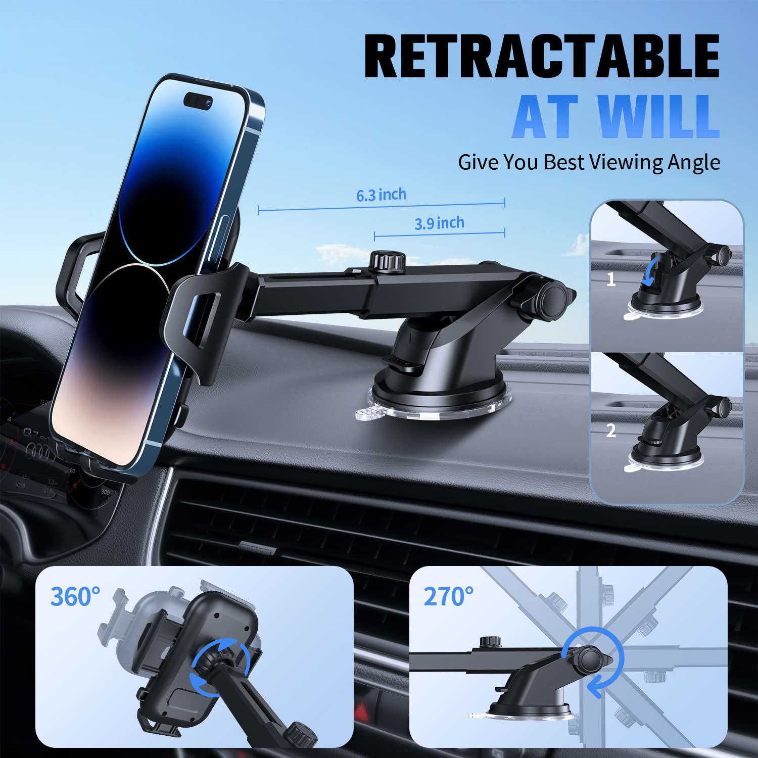 SUUSON Car Phone Holder Mount【Upgraded】-【Bumpy Roads Friendly】 Phone Mount for Car Dashboard Windshield Air Vent 3 in 1,Hand Free Mount for iPhone 14 13 12 Pro Max Samsung All Cell Phones (Black)