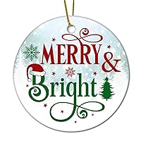 2023 Christmas Ornament Merry & Bright Ceramic Round Pendant Keepsake Holiday Decor Xmas Bauble Christmas Tree Decorations Gift for Family & Friends 3-Inch