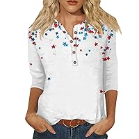 Womens 3/4 Length Sleeve Summer Tops 4Th of July Trendy Patriotic Graphic Tees Casual Button Down Shirts Loose Blouses