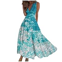 Women's Summer Wrap Maxi Dress Casual Boho Fashion Marble Print V Neck Short Sleeve Ruffle Hem Tiered Long Dresses