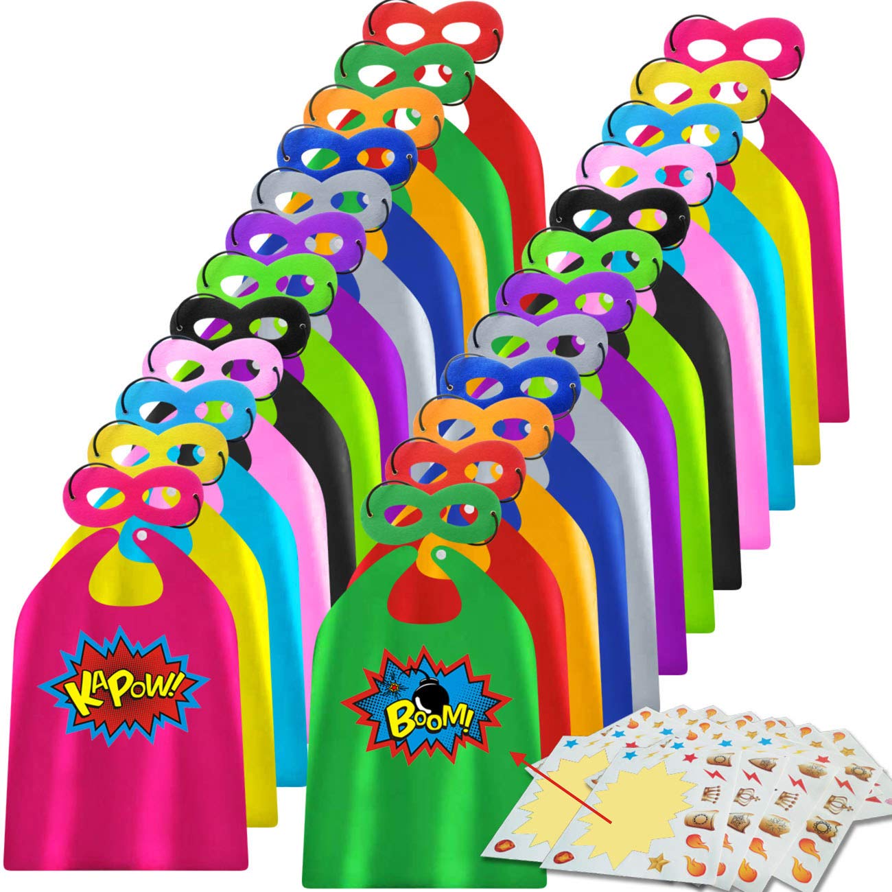 ADJOY Superhero Capes and Masks 24 Sets for Kids with Superhero Stickers Decoration - Superhero Themed Birthday Party Capes