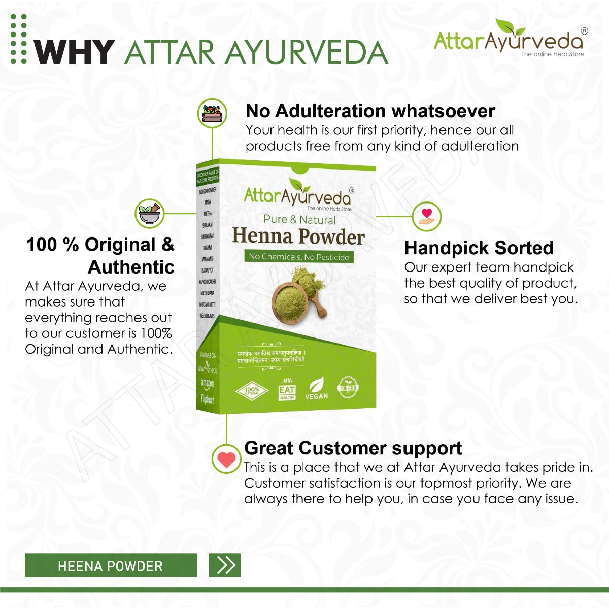Attar Ayurveda Natural Henna Powder for Hair Color and Growth, Reduce Hair Fall 100% Natural No Added Preservative No Chemical Dye Added 7 Ounce